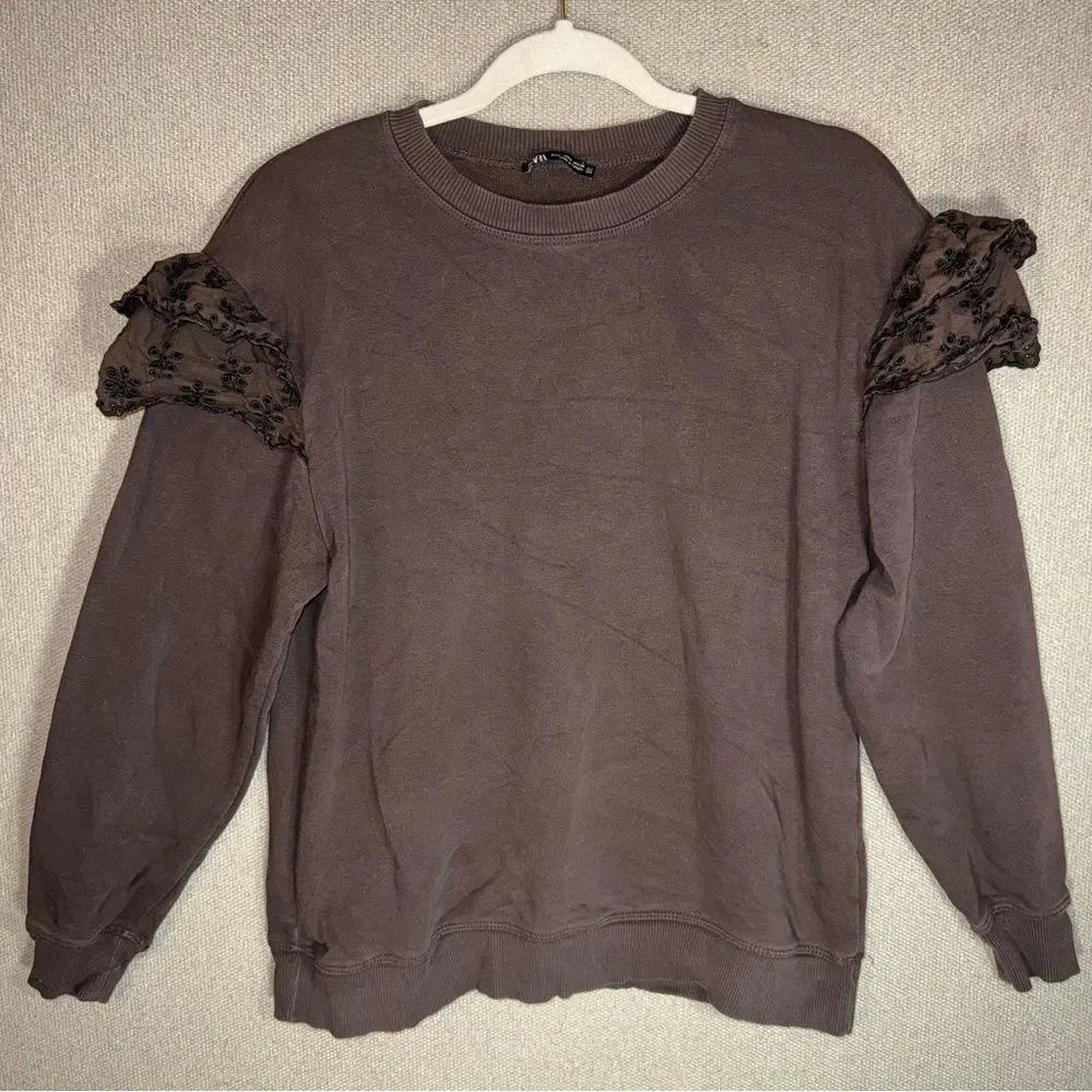 Zara size medium Brown Sweater with Lace Ruffle Sleeves